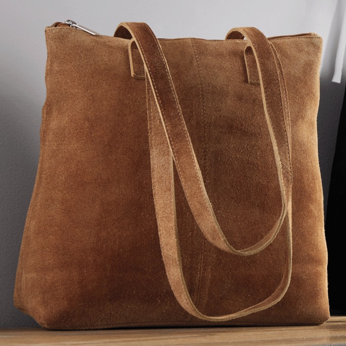 Suede Tote with Zip Closure , Sudan Brown, large