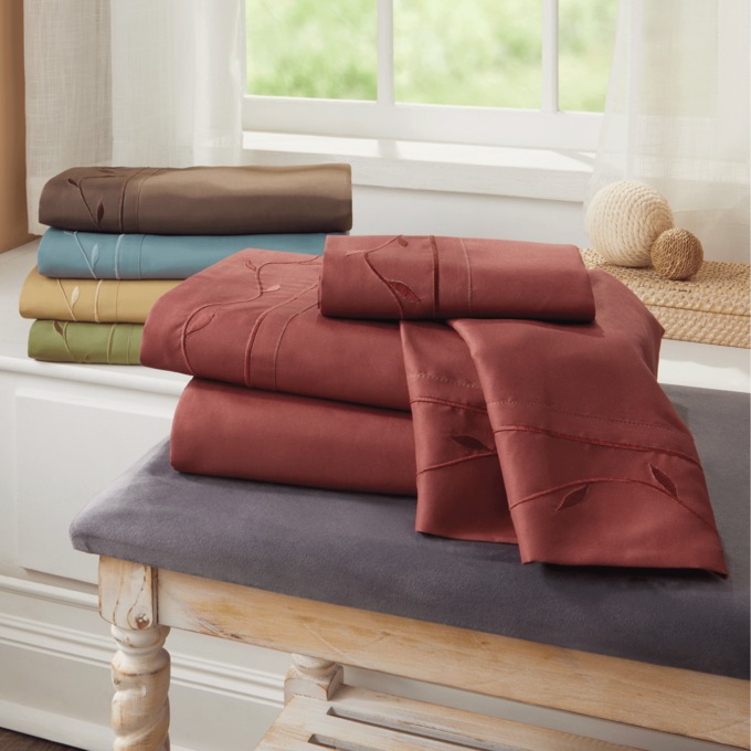 Embroidered Vine Microfiber Sheet Set, , large