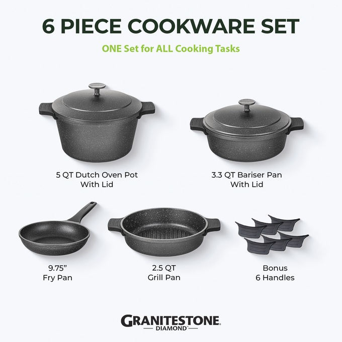 Granitestone 6-Piece Cast Aluminum Stackable Cookware Set, , large