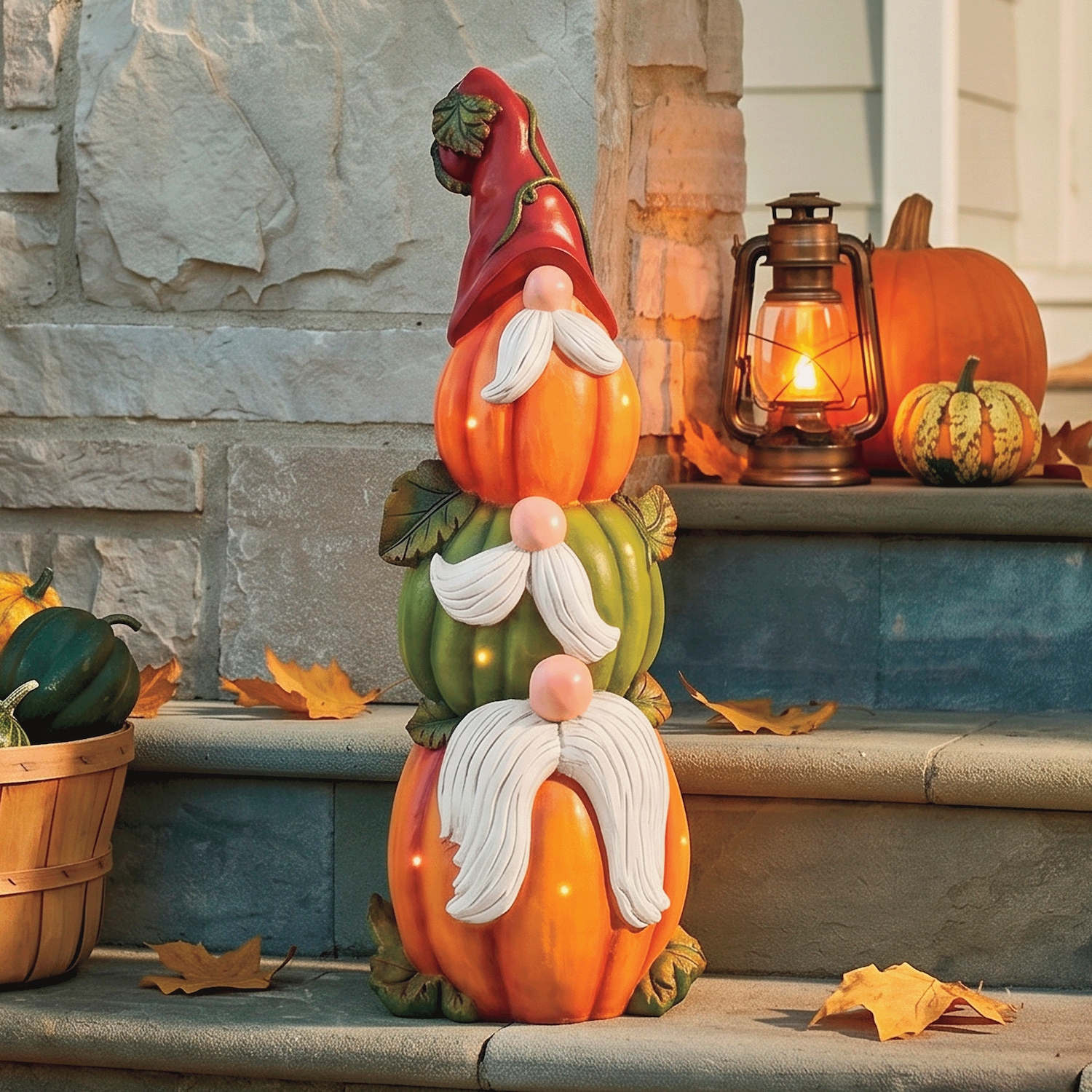 Large Lit Harvest Pumpkin/Gnome Stack | Seventh Avenue