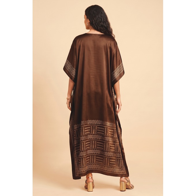 Chi Women's Long Caftan with Regal Border Print, Earthy Chestnut, large