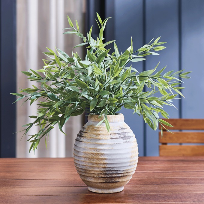 Outdoor Faux Bamboo Leaf In Distressed Pot, , large