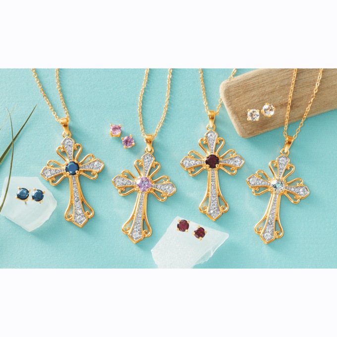 Gemstone Cross Pendant/Earrings Set, , large