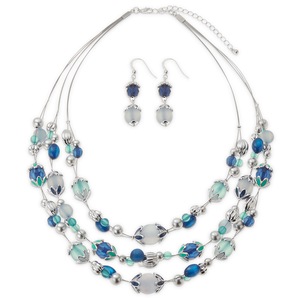Blue Multistone/Silvertone Beaded Necklace/Earring Set, , large