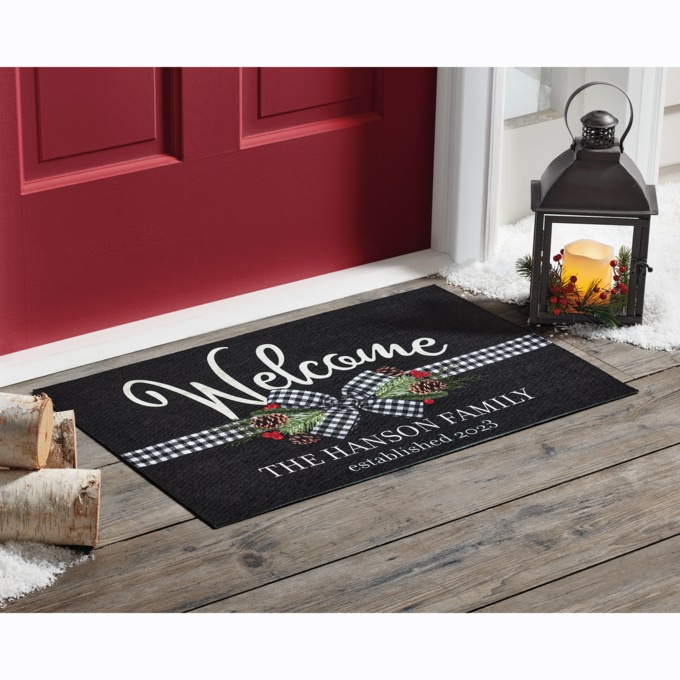 Personalized Plaid Bow Indoor/Outdoor Welcome Mat - 18” x 27”, , large
