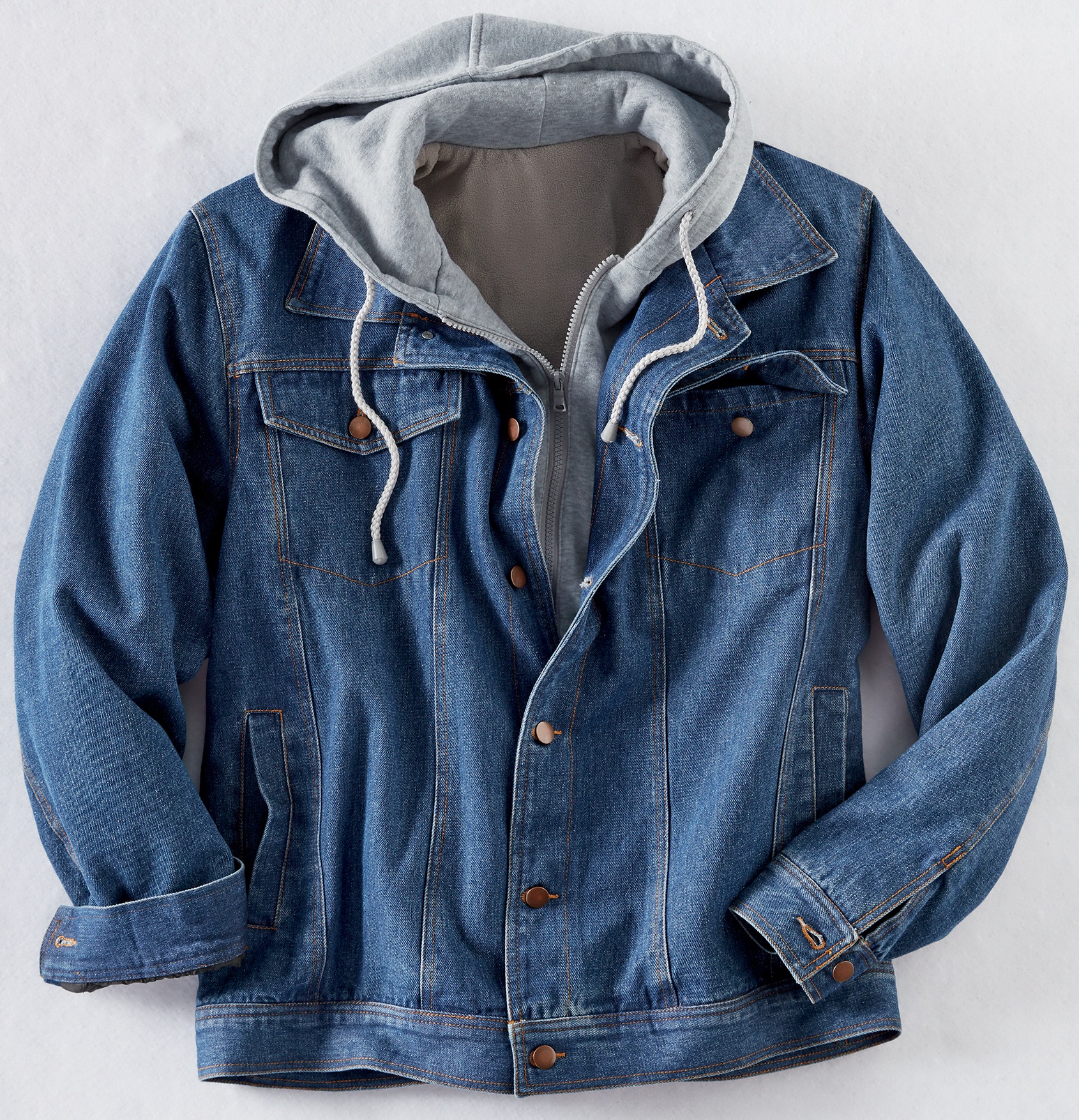 Mens denim jacket with hoodie sleeves