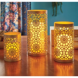 Set of 3 Lasered Medallion Hurricane Candleholders, , large