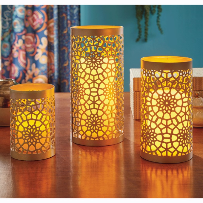 Set of 3 Lasered Medallion Hurricane Candleholders, , large
