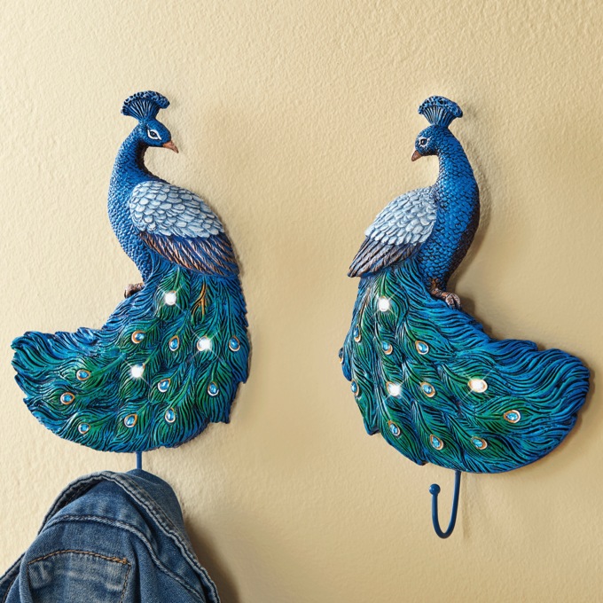 Set of 2 Gem Peacock Wall Hooks, , large