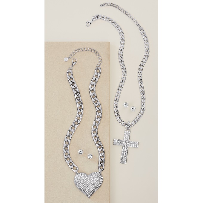 Crystal Pave Shape Silvertone Necklace/Earring Set, , large