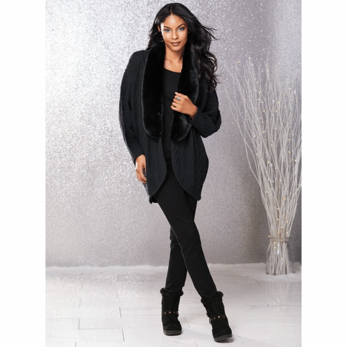 Diana Faux Fur-Trimmed Cardigan, Black, large