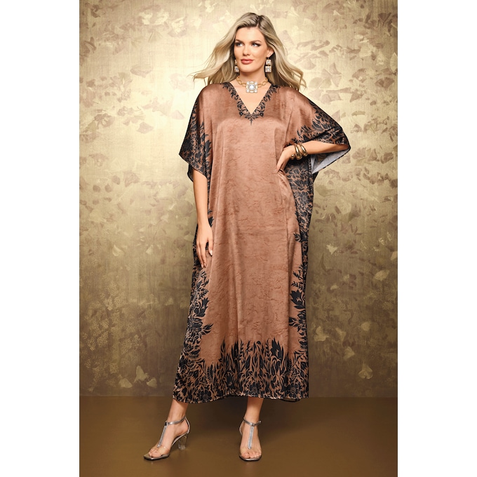 Mi Amor Long V-Neck Caftan with Floral Border, , large