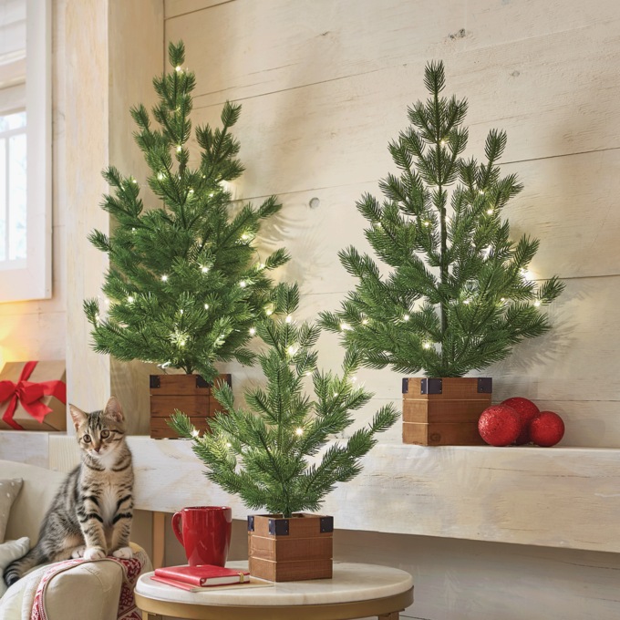 Set of 3 Lit Rustic Trees in Wood Boxes, Green, large