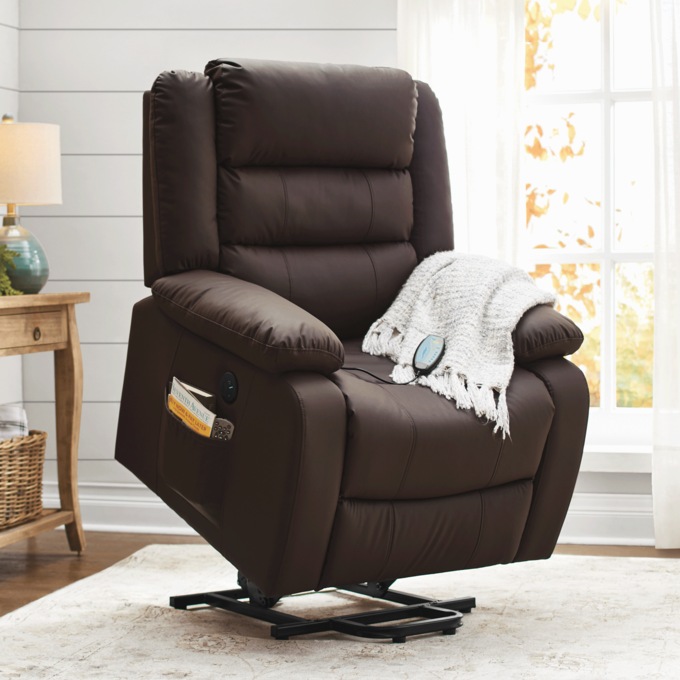 Raleigh Powered Lift Recliner with Heat & Massage, Brown, large