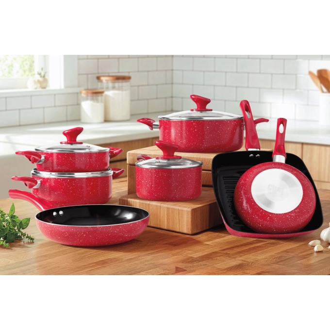 Chef Tested 11-Piece Granite Ceramic Nonstick Cookware Set, Red, large