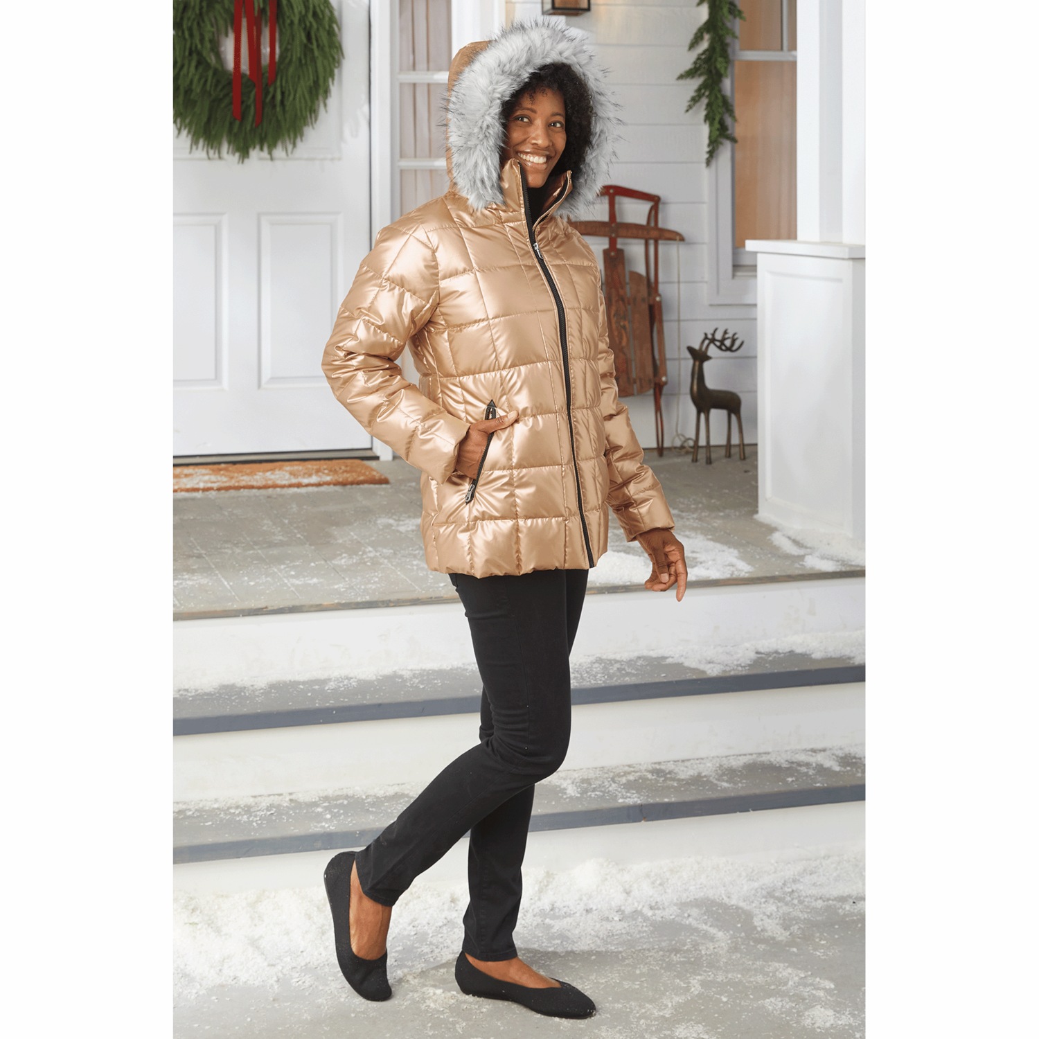 Mia Shiny Puffer Jacket with Faux-Fur Hood | Seventh Avenue