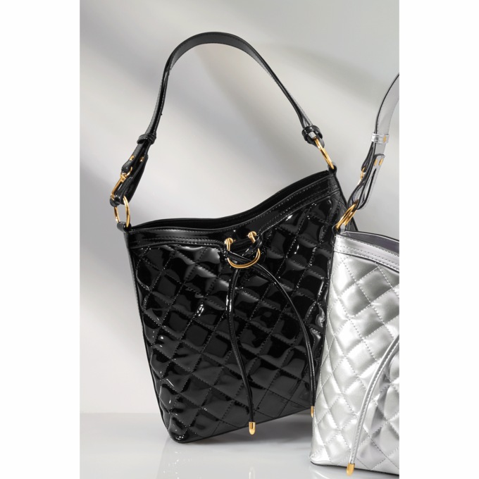Quilted Diamond-Stitch Tote , Black Patent, large