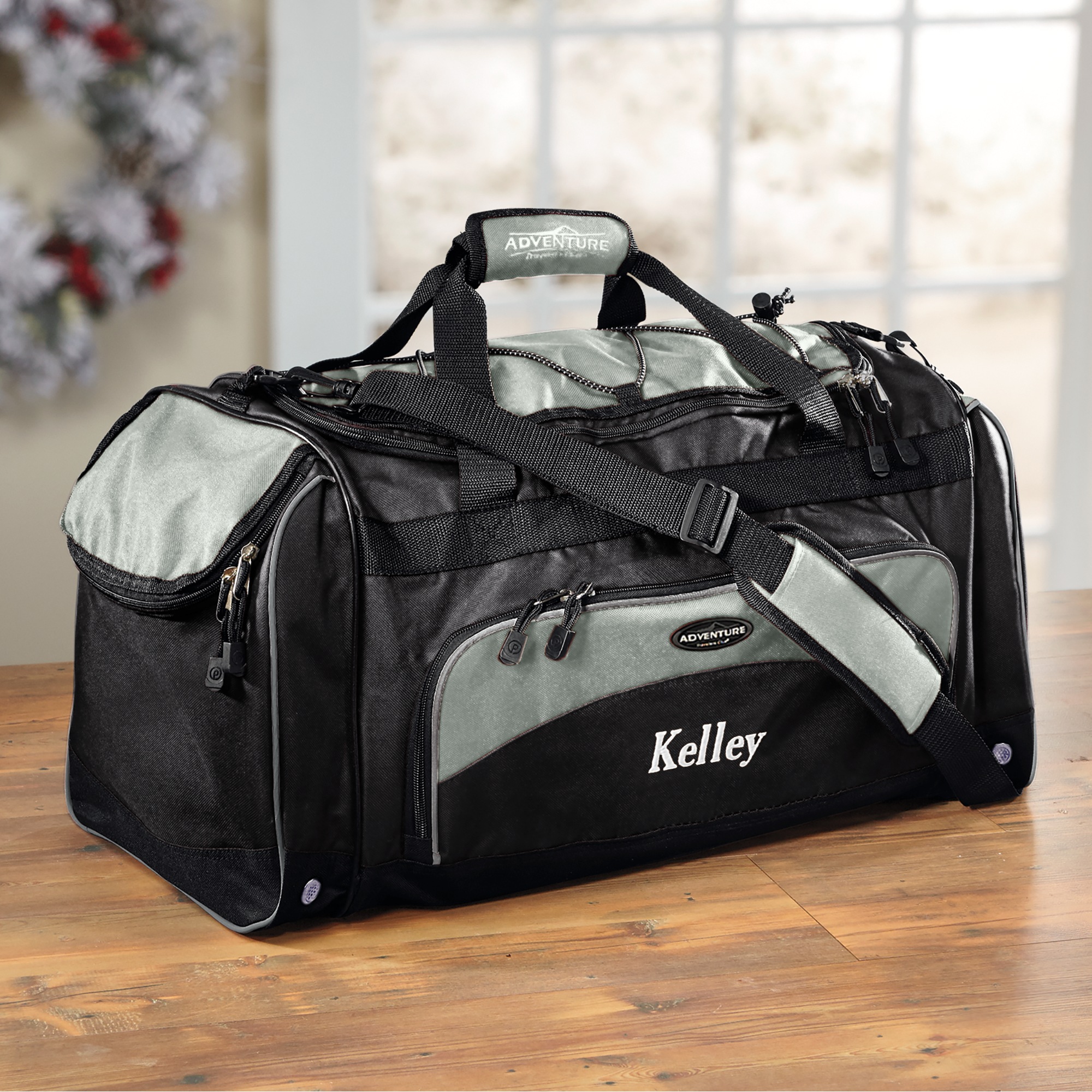 Personalized Duffel Bag with Shoe Pocket and Lockable Zips, Gray Black Two Tone, large