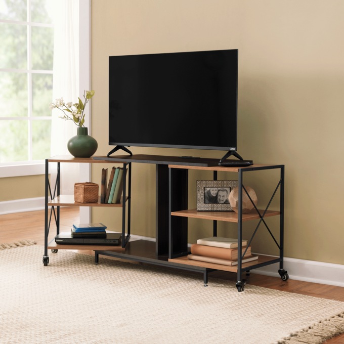 Expandable Rotatable Powered TV Stand, Brown, large