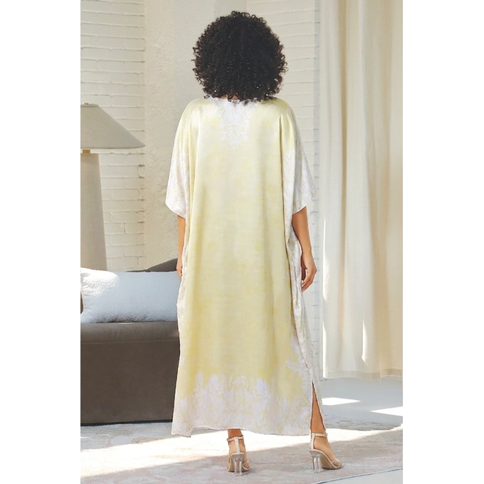 Mi Amor Long V-Neck Caftan with Floral Border, Lemon Chiffon, large