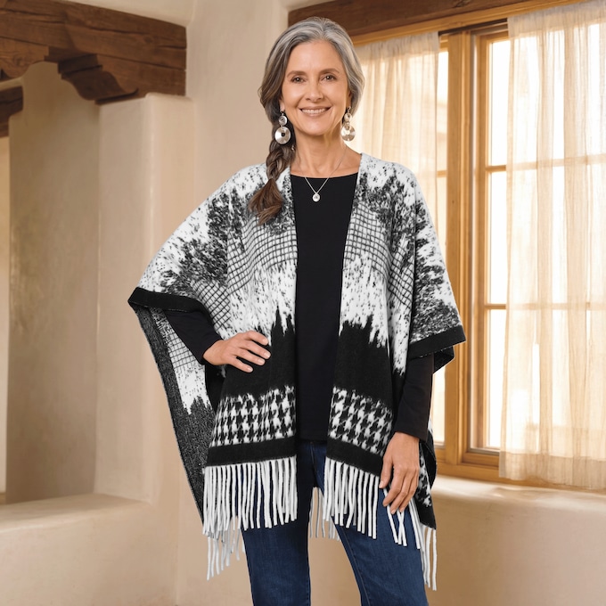 Jacquard Fringe Wrap, Black White, large