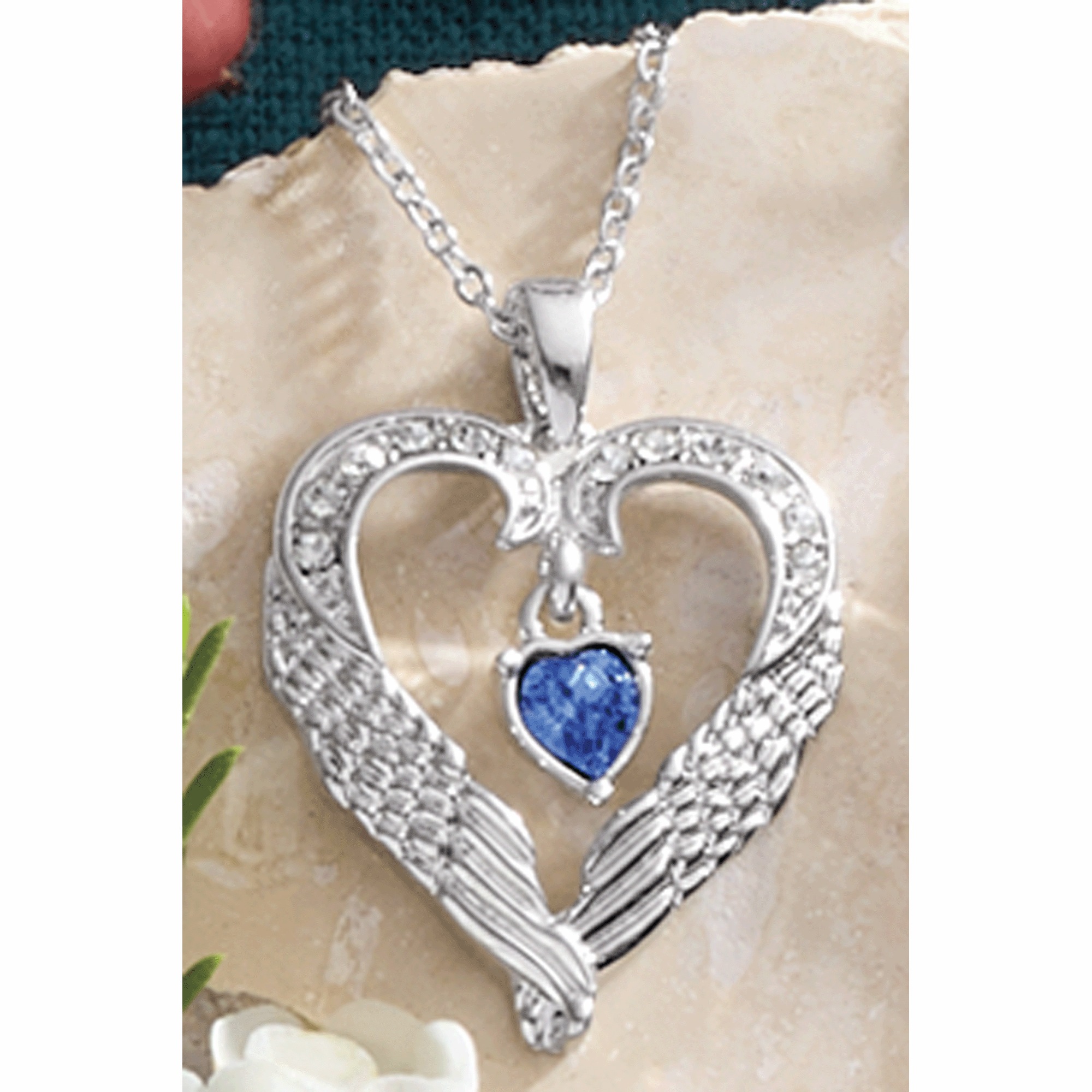 Personalized Birthstone/Crystal Heart/Wings Pendant, Silvertone, large