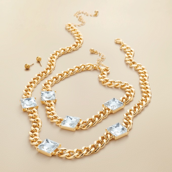 Goldtone Crystal Necklace, Bracelet + Earring Set, , large