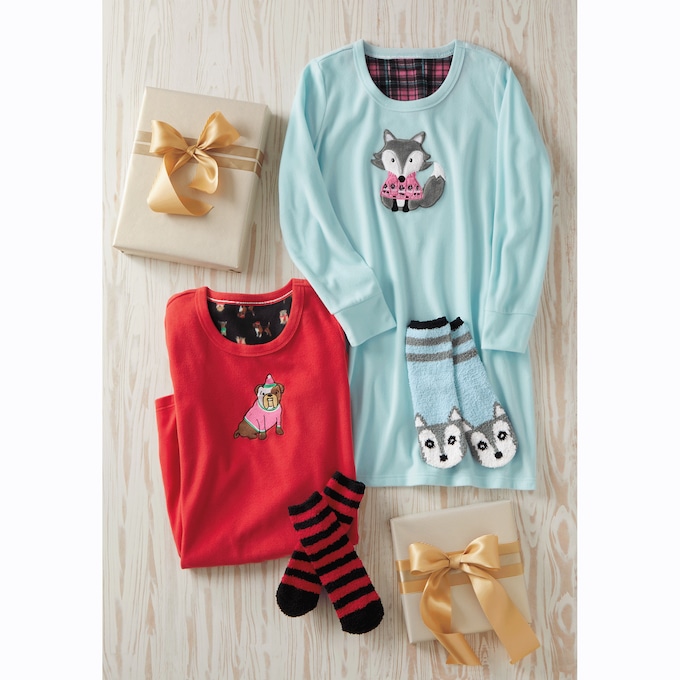 Holiday Friends Microfleece Nightshirt and Socks Set, , large