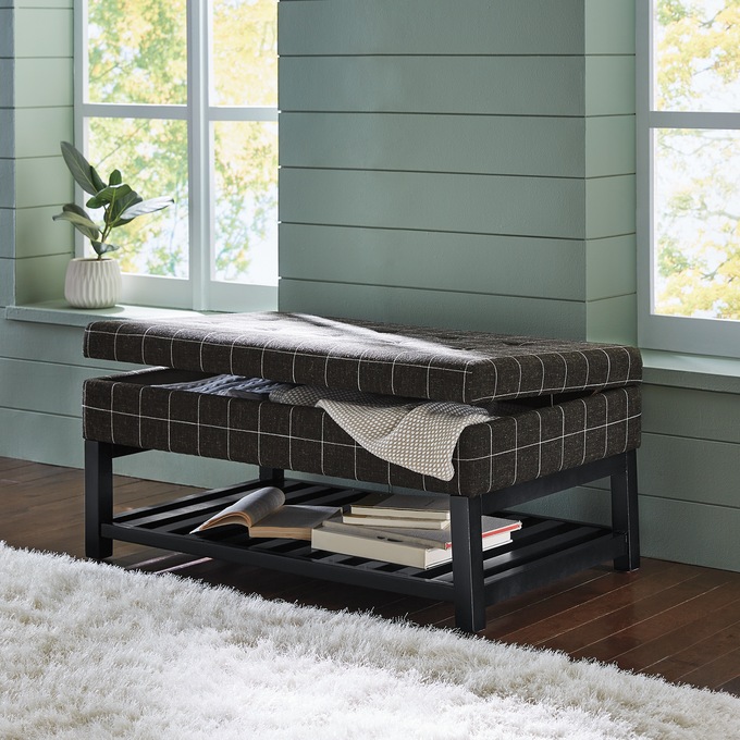 Hudson Storage Bench, Charcoal Windowpane, large