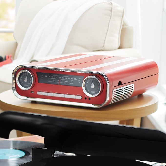 Vintage Turntable Speaker with Bluetooth, Red, large