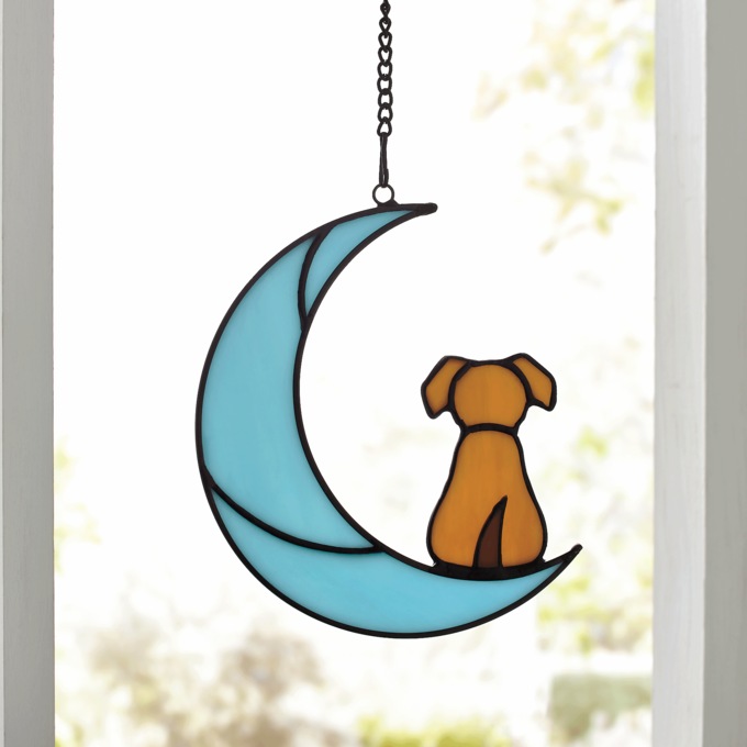 Stained Glass Pet on Moon Window Hanging, , large