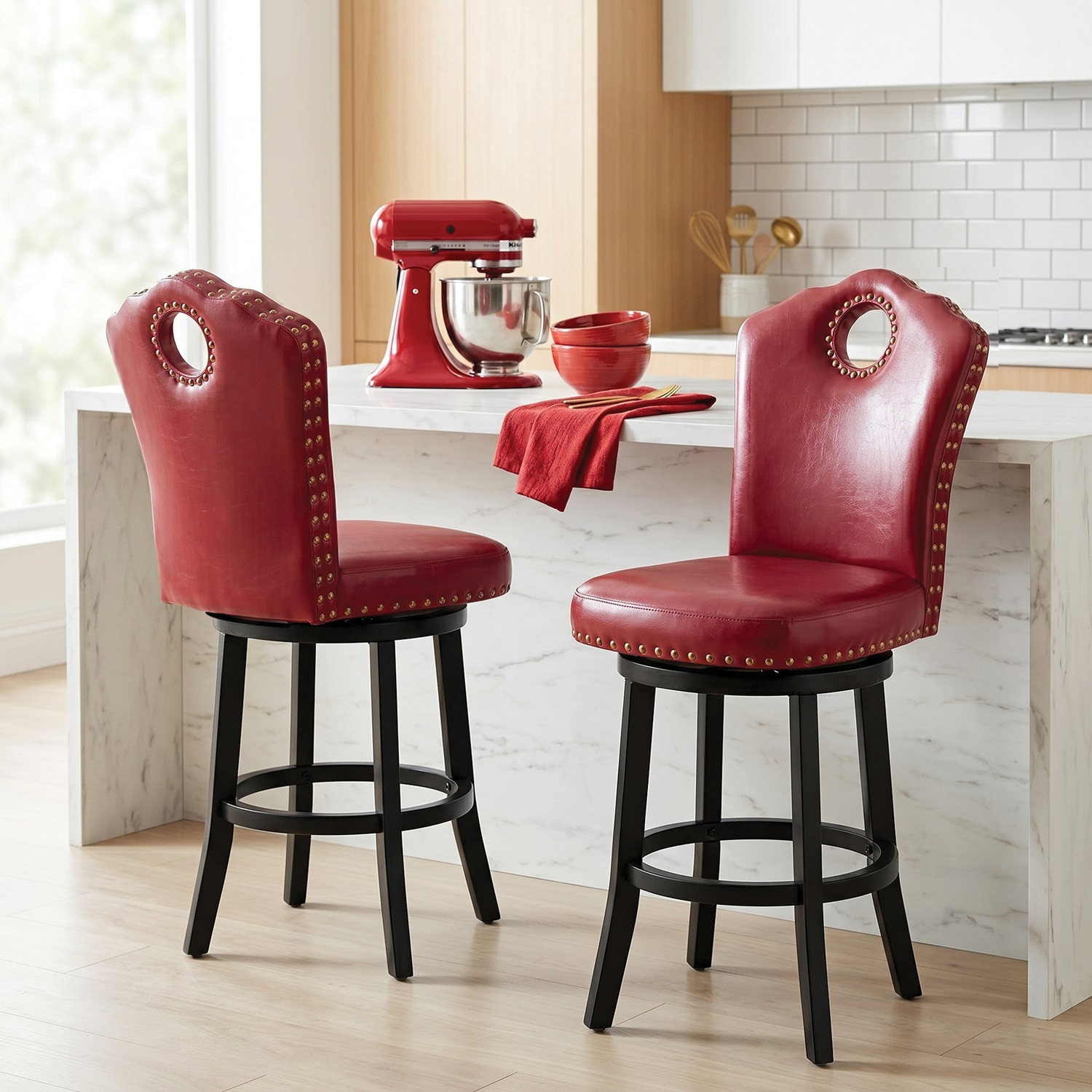 High-Back Swivel Bar or Counter Stool with Nailhead Trim | Seventh