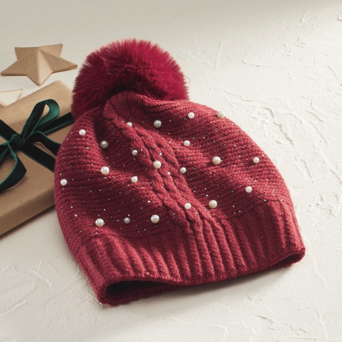 Embellished Knit Beanie with Pom, , large