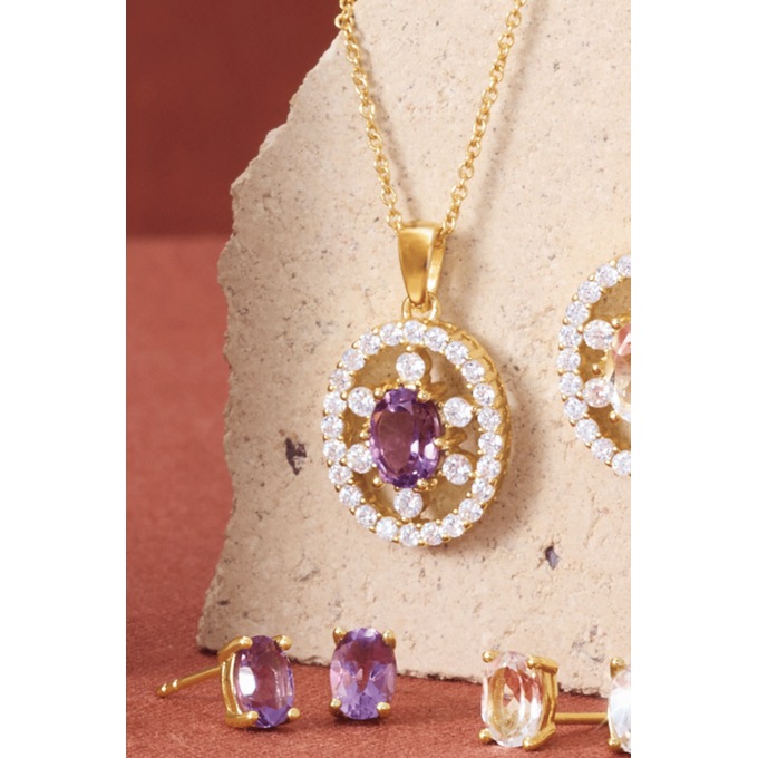 Gemstone Oval Frame Necklace & Earring Set, Amethyst, large