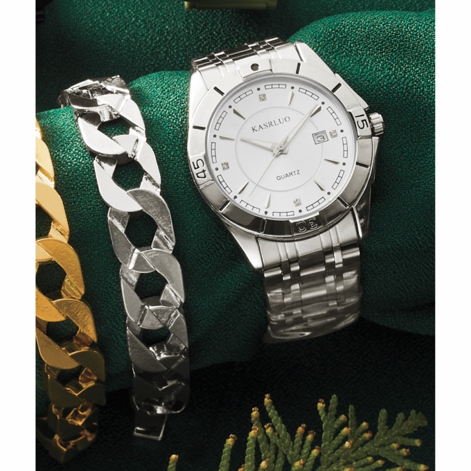 Men's Crystal/Round Watch & Bracelet Set, Silvertone, large