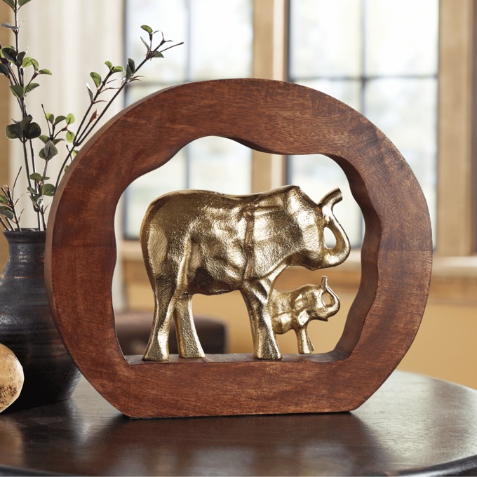 Golden Elephants in Wooden Slice, , large