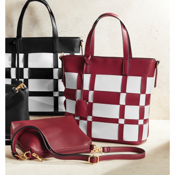 M.C. Handbags 2-Piece Woven Plaid Tote Set, , large