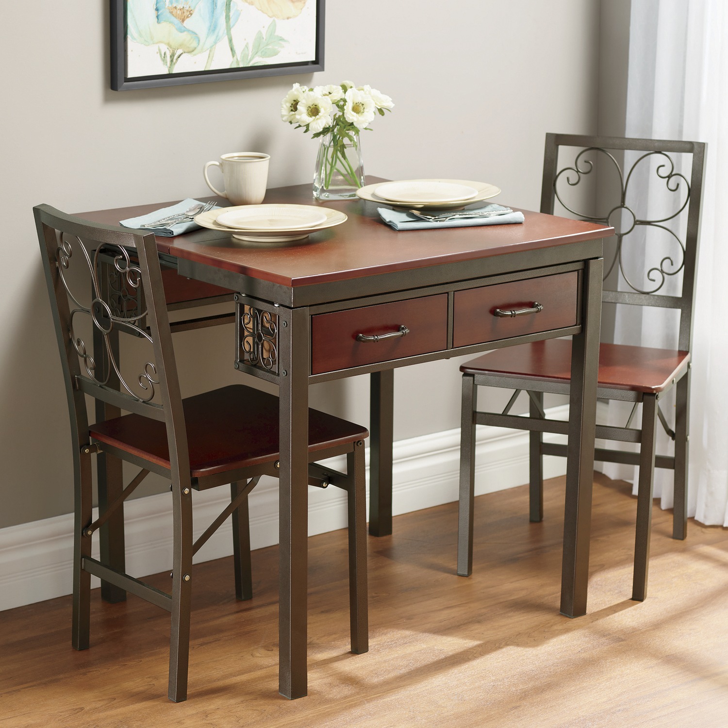 Dining Table & Folding Chairs | Seventh Avenue Dining kitchen table dining set，3 piece metal frame bar breakfast dining room table set table and chair with 2 chairs.