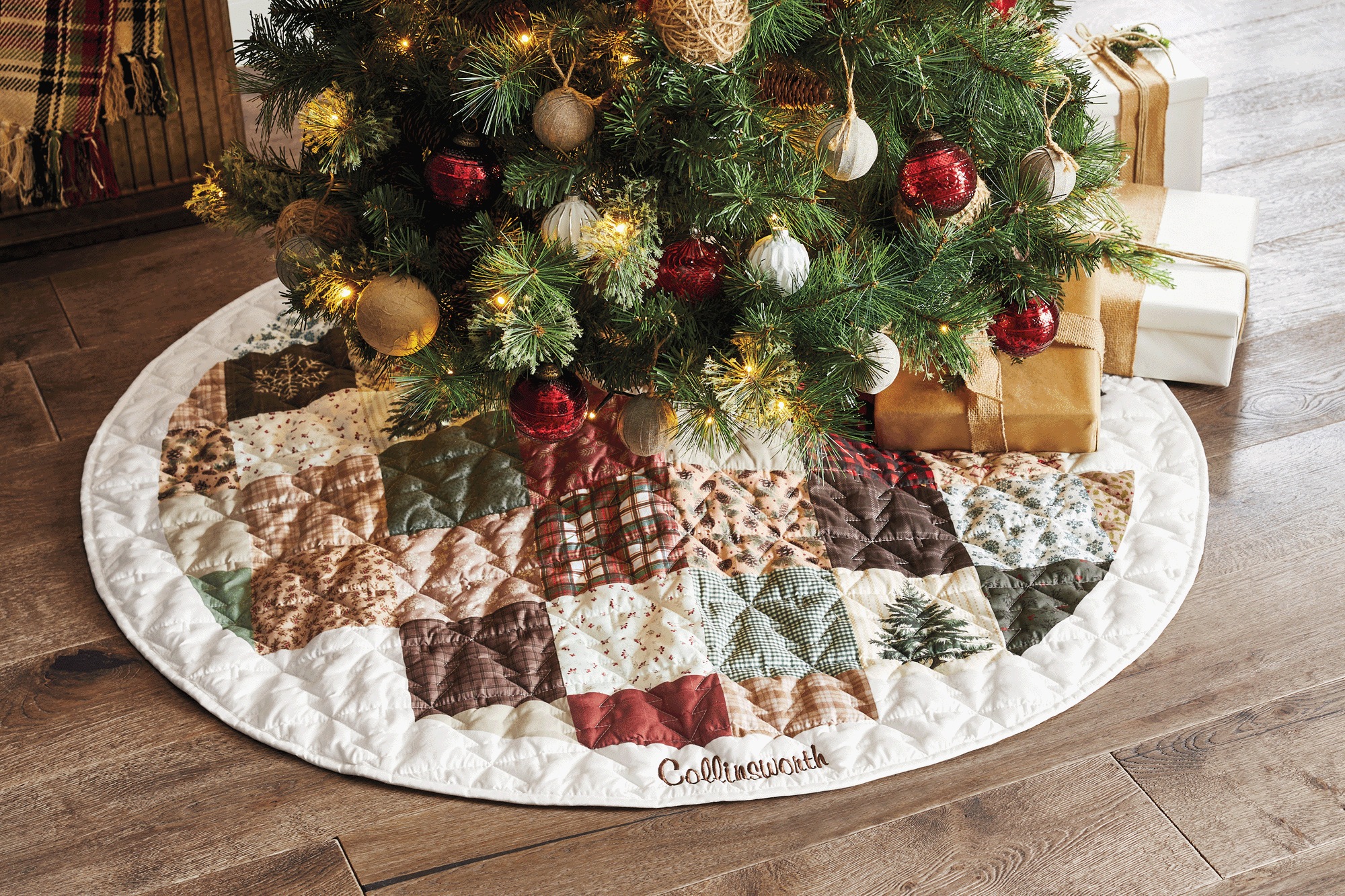 48" Rustic Quilted Patchwork Christmas Tree Skirt, Multi, large
