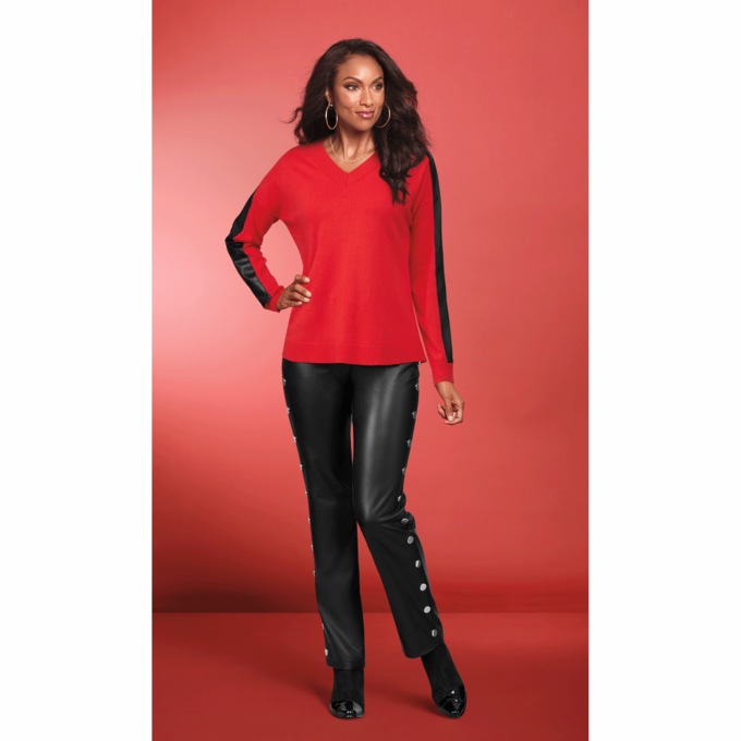 Faux-Leather V-Neck Sweater, , large