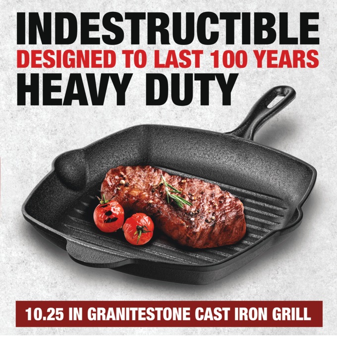 Granitestone Pre-Seasoned Cast Iron 10.25" Grill Pan, , large