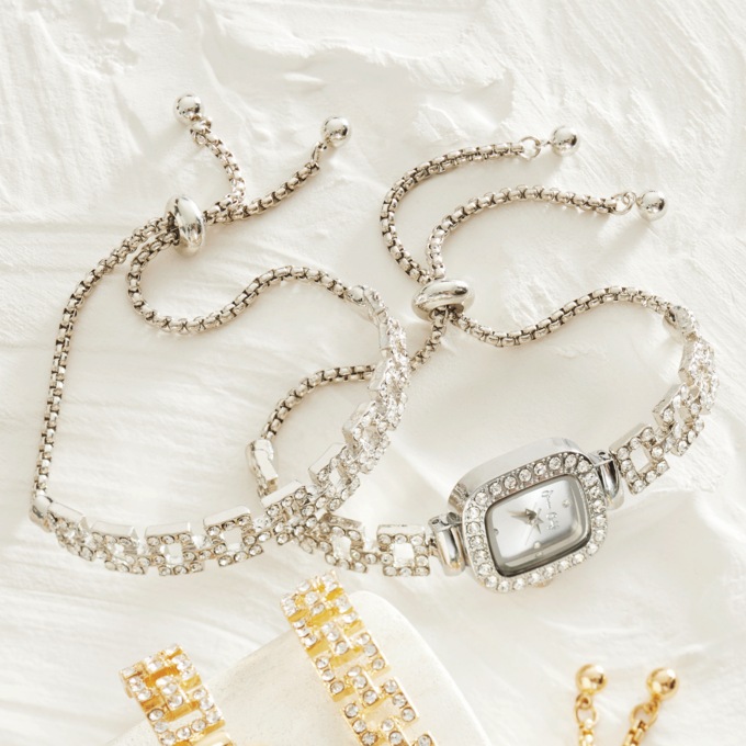 Women’s Crystal Rectangular Watch & Bracelet Set, , large