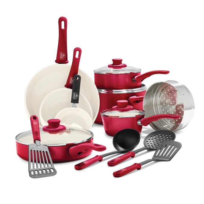 GreenLife 16-Piece Soft-Grip Cookware Set, Red, large