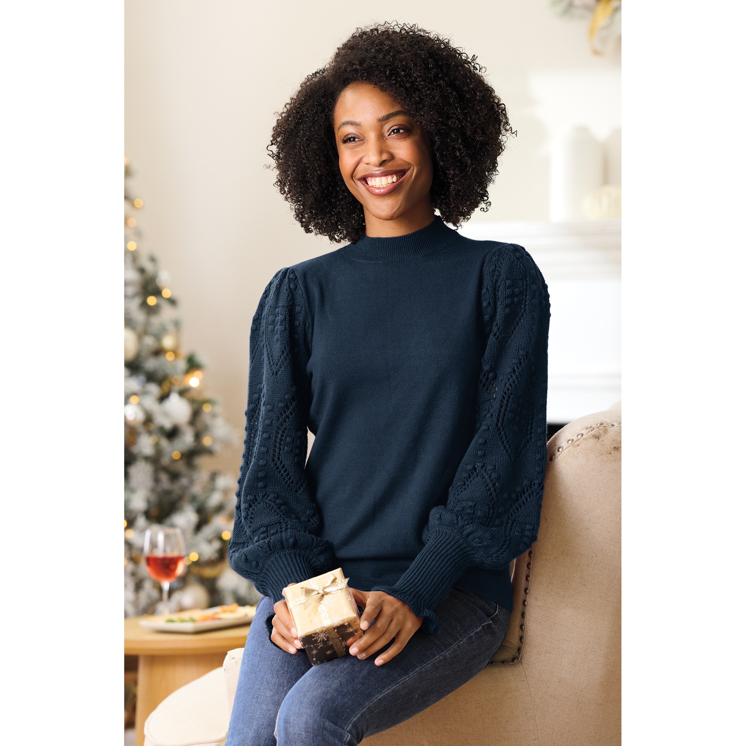 Nora Ribbed Women's Sweater with Pointelle Balloon Sleeves and