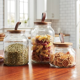 Set of 3 Glass Canisters with Wood Lids, , large