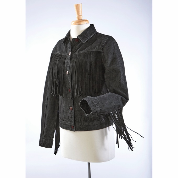Denim Fringe Jacket, Black, large