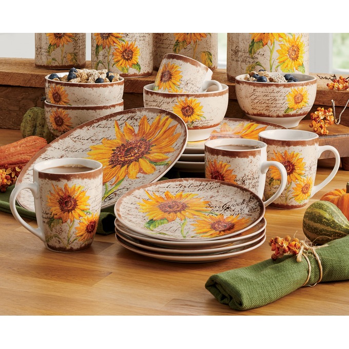 16-Piece Scripted Sunflower Dinnerware Set, , large