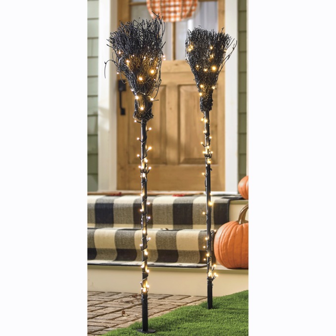 Set of 2 Lit Witch’s Broom Stakes, , large
