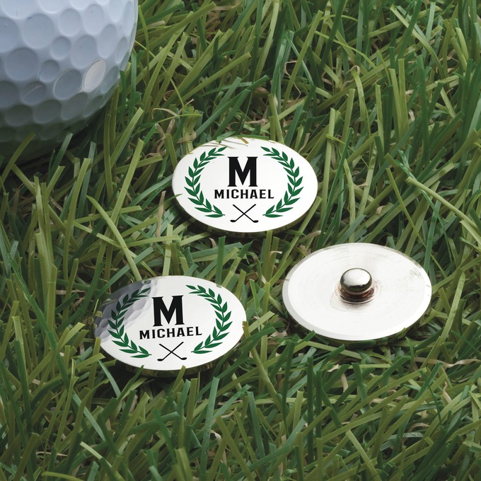 Set of 3 Personalized Laurel-Wreath Golf Ball Markers, , large