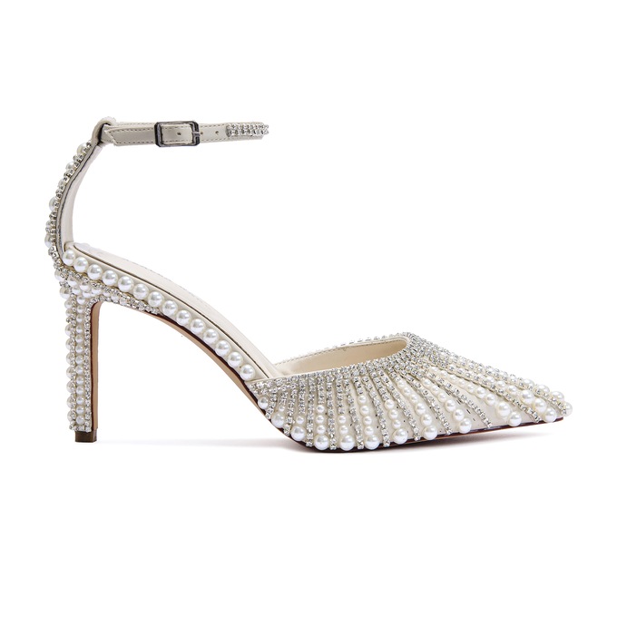 Azalea Wang Davina Ankle Strap 3" Pump with Rhinestones and Faux Pearls, , large
